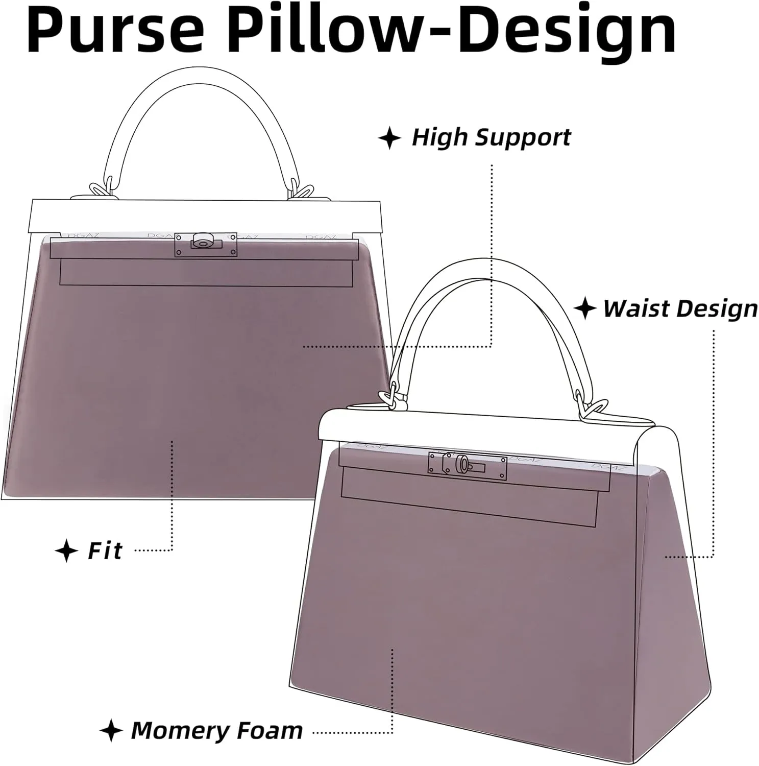 DGAZ Purse Pillow Shaper Insert for Hermes Kelly Bags, Silky Pillow Shaper for Luxury Handbags(Konjac purple,KL25 Retourne)