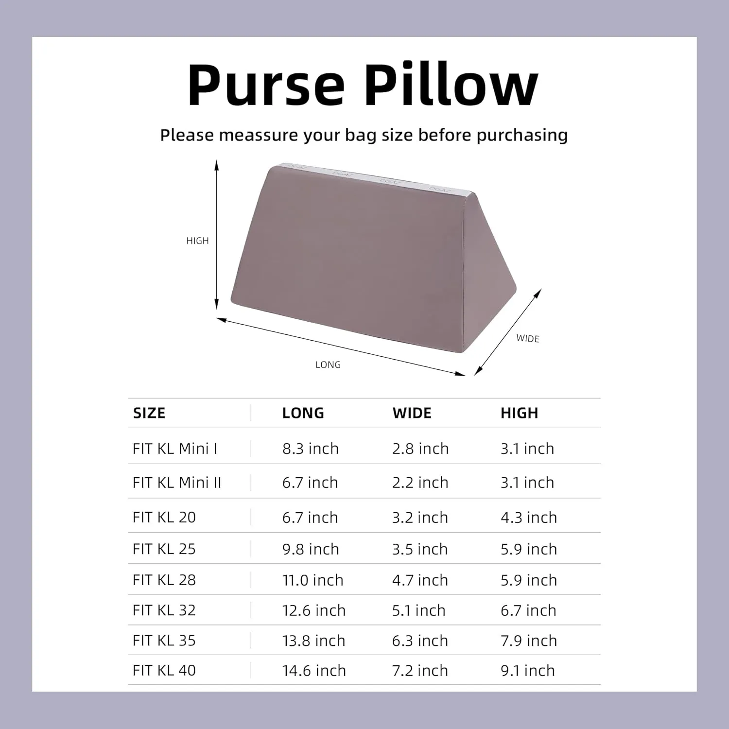 DGAZ Purse Pillow Shaper Insert for Hermes Kelly Bags, Silky Pillow Shaper for Luxury Handbags(Konjac purple,KL25 Retourne)