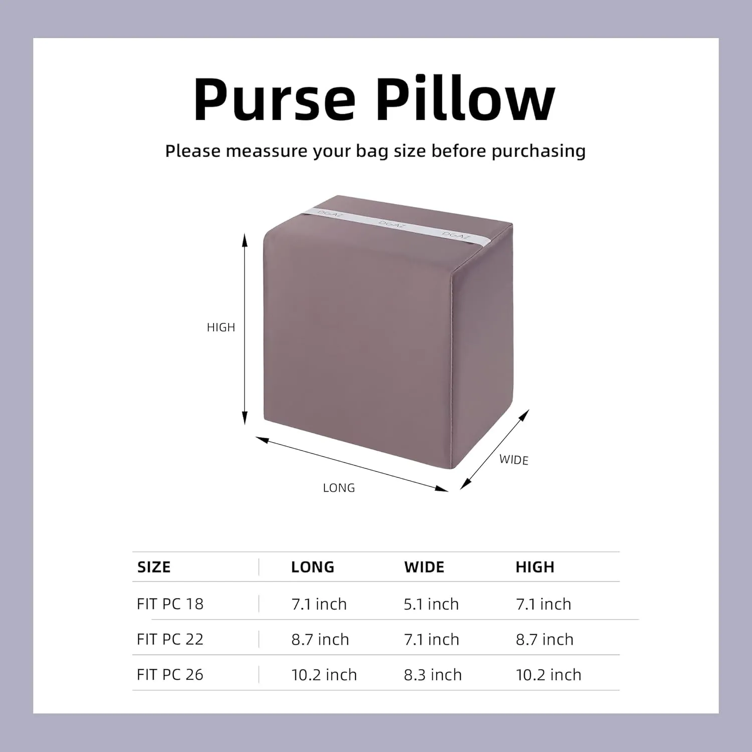 DGAZ Purse Pillow Shaper Insert,Luxury Handbag Tote Shapers, Memory Foam- Fits picotin18/22Bags (Konjac purple,PC18)