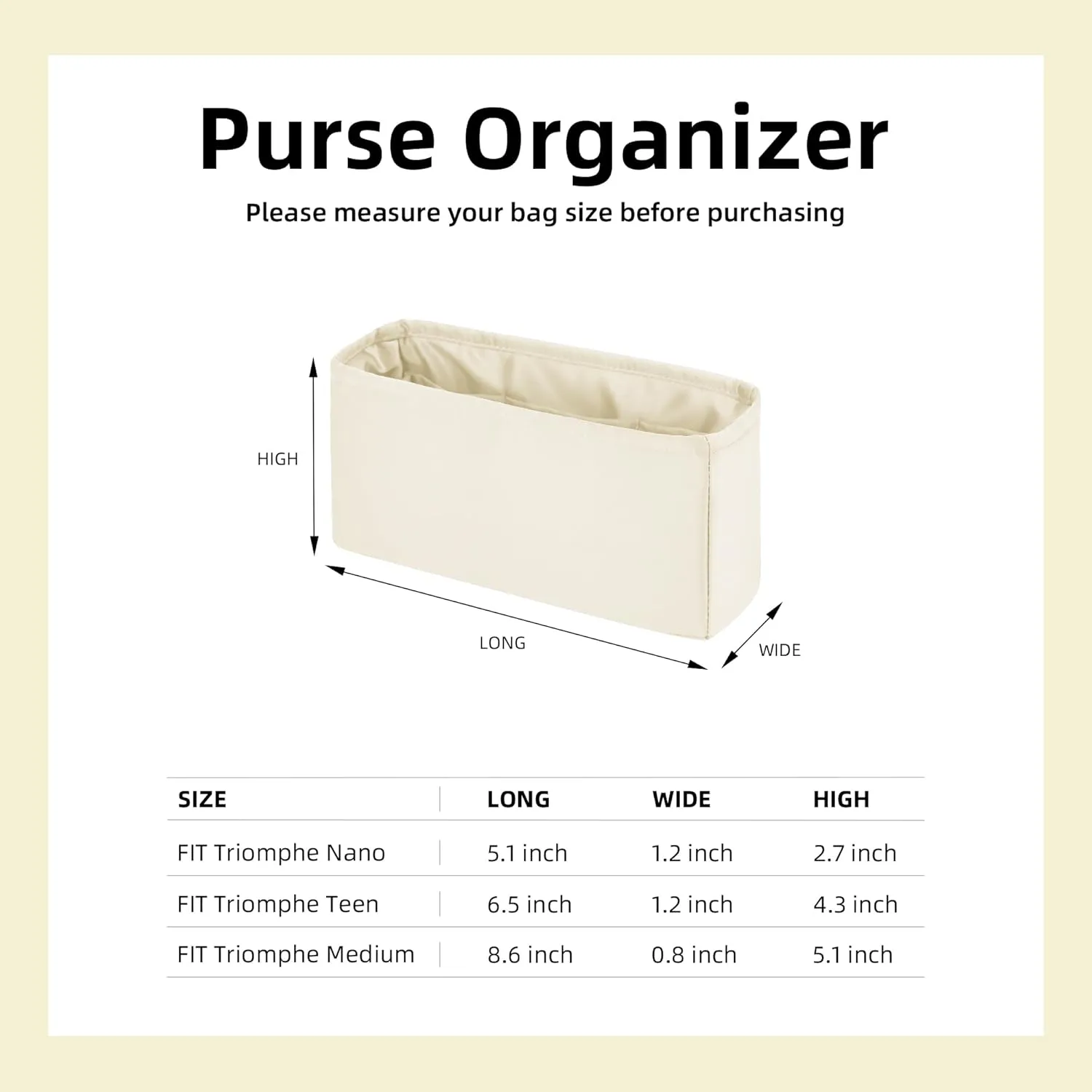 DGAZ Silk Purse Organizer Insert For Celine Triomphe Nano/Teen/Medium Bags,Silky Smooth Bag Organizer，Luxury Handbag & Tote Shaper(Craie,Triomphe Teen)
