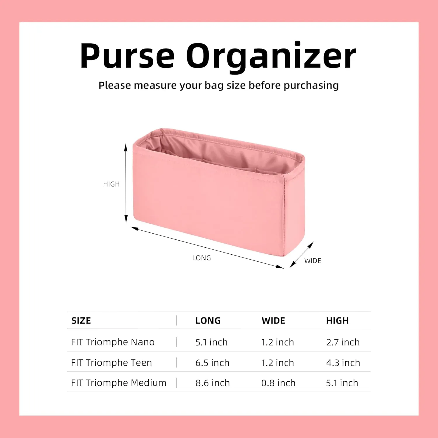 DGAZ Silk Purse Organizer Insert For Celine Triomphe Nano/Teen/Medium Bags,Silky Smooth Bag Organizer，Luxury Handbag & Tote Shaper(Rose Confetti,Triomphe Teen)