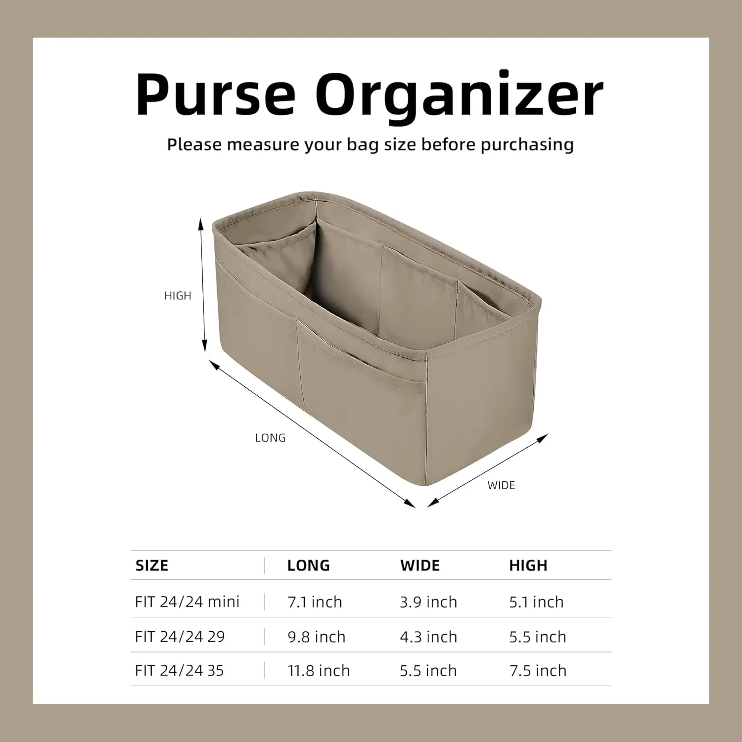 DGAZ Silk Purse Organizer Insert For Hermes 24/24 mini/29/35 Bags, Luxury Handbag & Tote Organizer, Simplicity bag organizer(Cris tourterelle,24/24-mini)