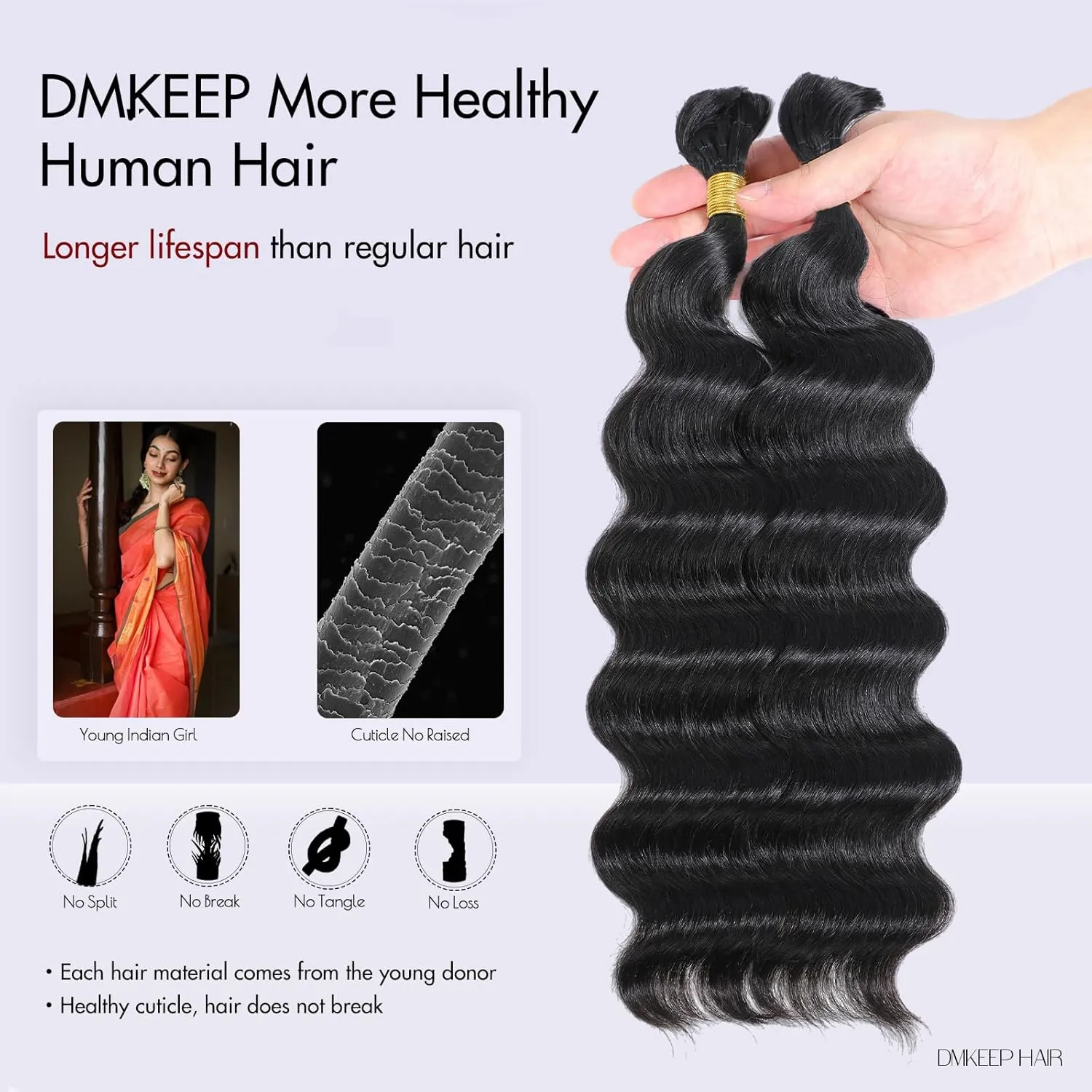 DMKEEP Bulk Human Hair for Braiding Loose Wave No Weft 100% Human Braiding Hair Professionally Salon Dyeing for Eye-Catching Natural Color 18 Inch