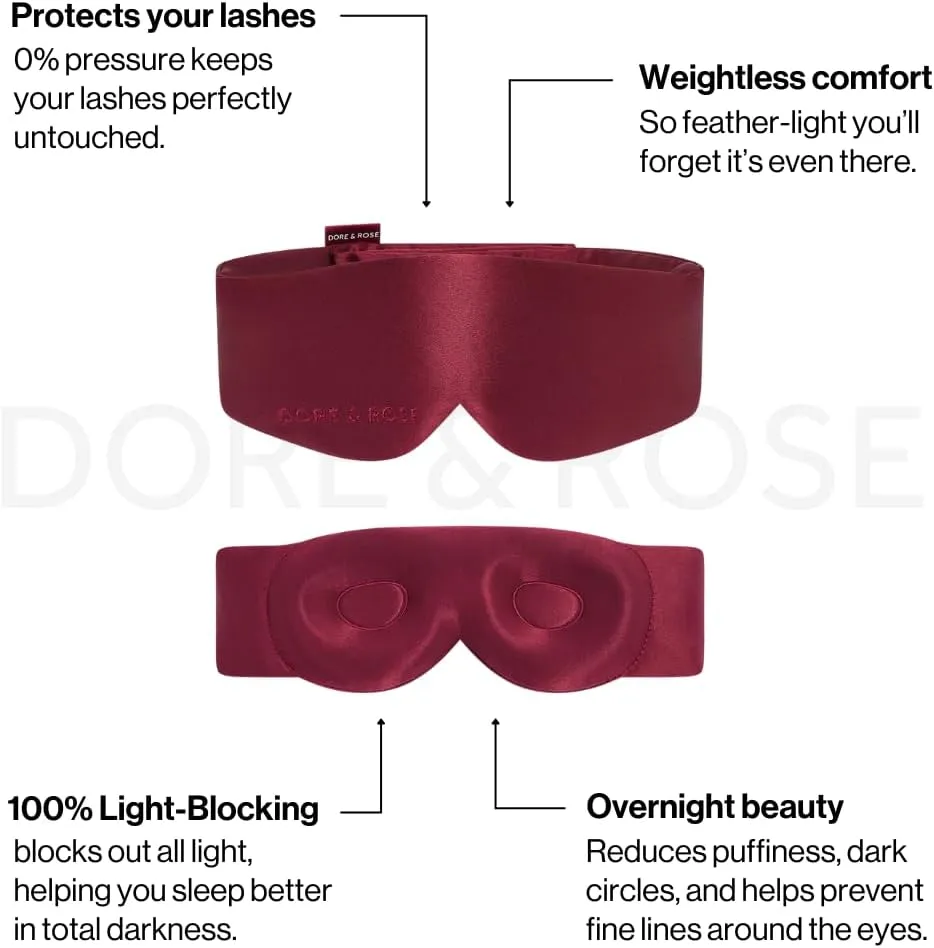Dore & Rose Aura Sleep Mask, 100% Light Blocking Mulberry Silk Eye Mask (23 Momme), Extra Room for Lashes, Reduces Eye Bags & Dark Circles, Adjustable Travel Deep Sleep Mask for Men & Women (Burgundy)