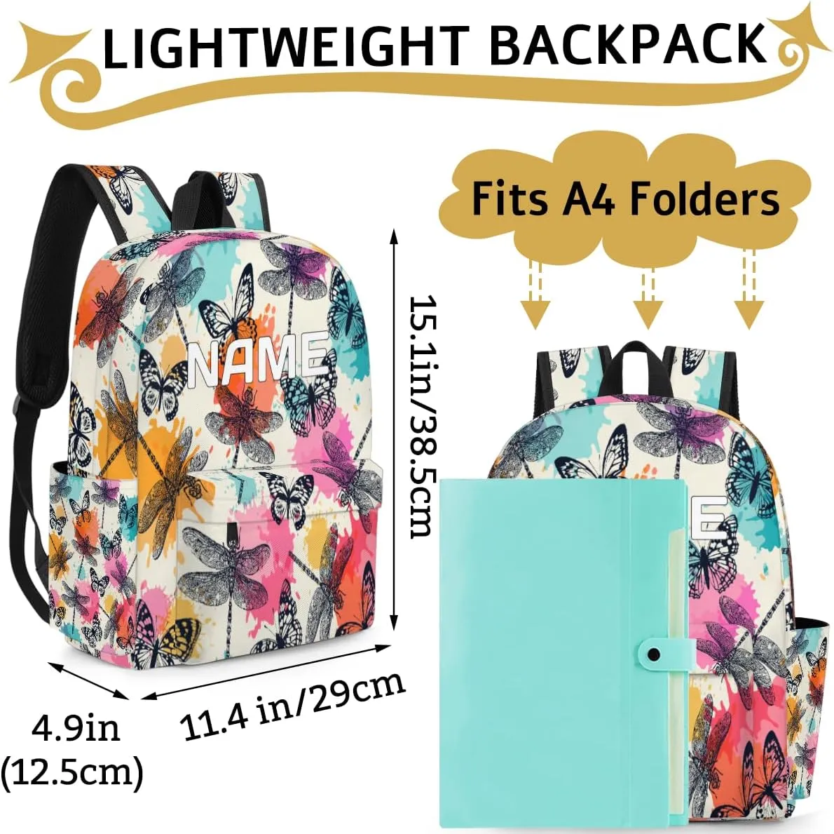 Dragonfly Animal Customized Kids Backpack for Boys Girls Rainbow Butterfly Personalized Preschool Toddler Backpack Kindergarten Nursery Bookbag Travel Children School Bag