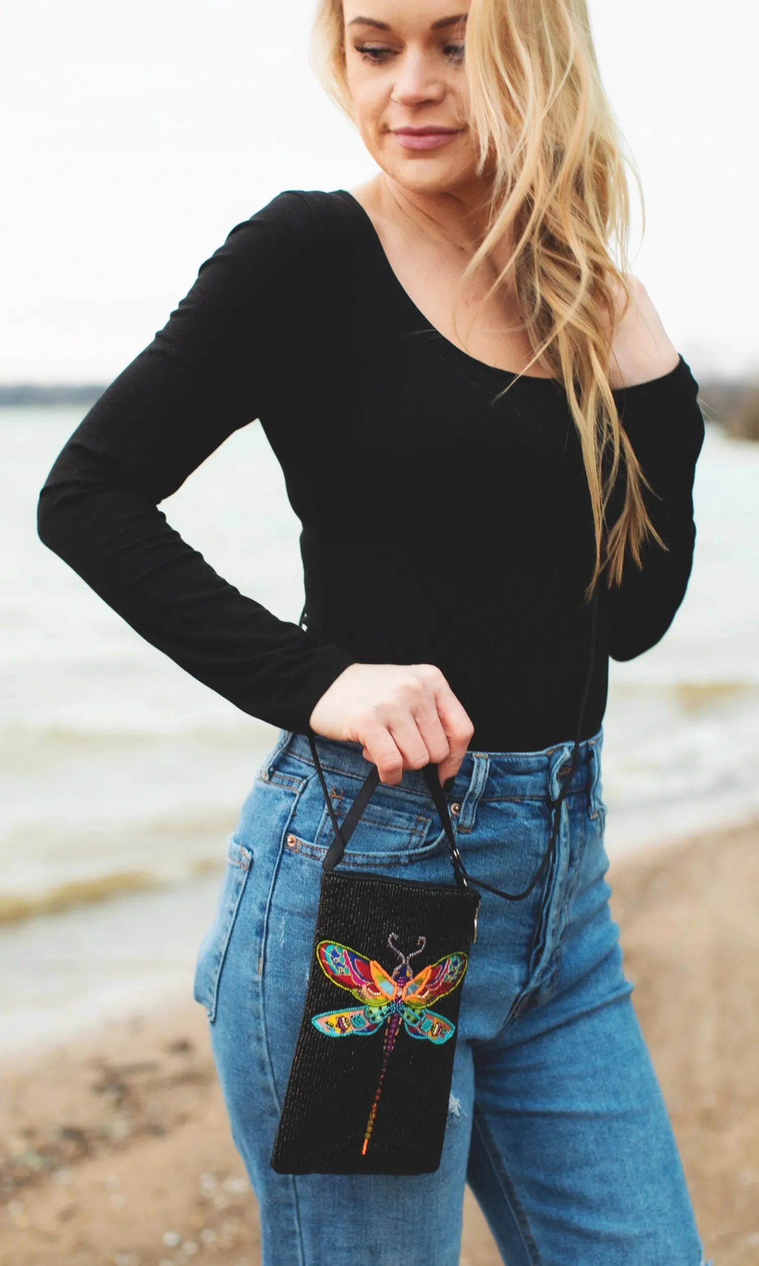Dragonfly Beaded Crossbody Bag