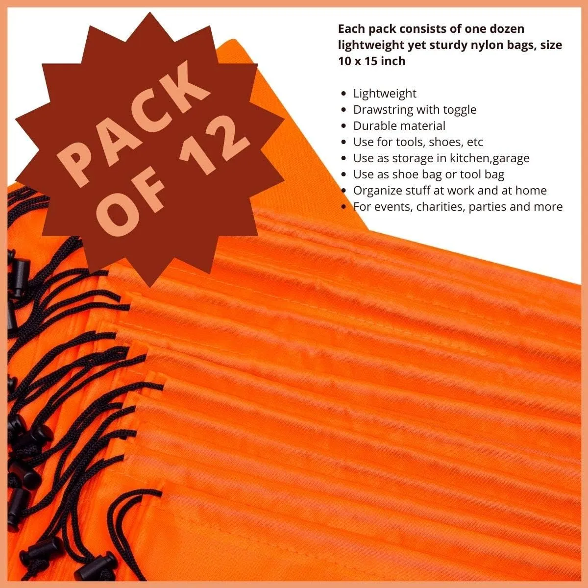 Drawstring Bag - Nylon Cinch and Ditty Stuff Pouch with Toggle (10 x 15-12 pack, Orange)