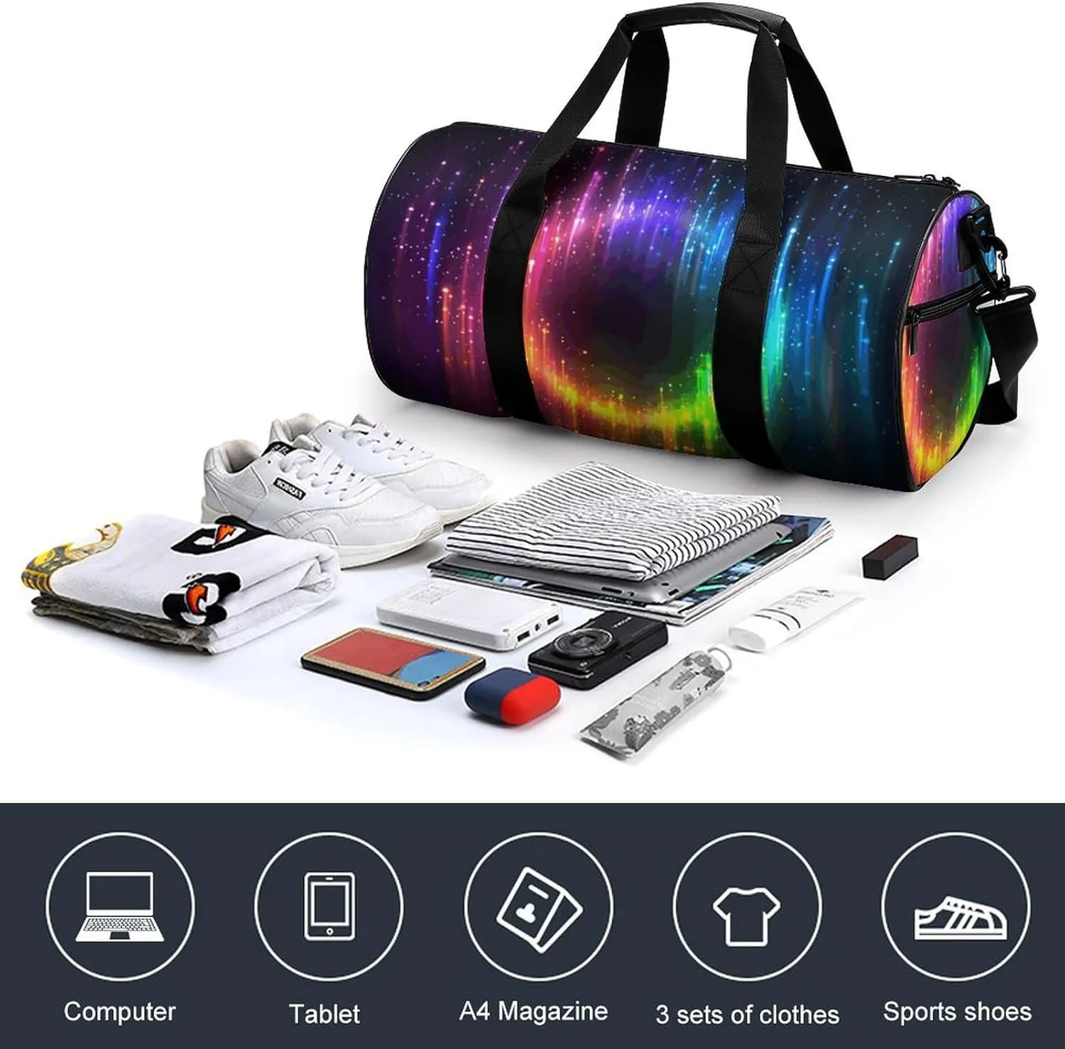 Duffel Bag for Men Women Gym Bag Rainbow Neon Travel Duffel Bag Waterproof Overnight Bag for Sports Workout