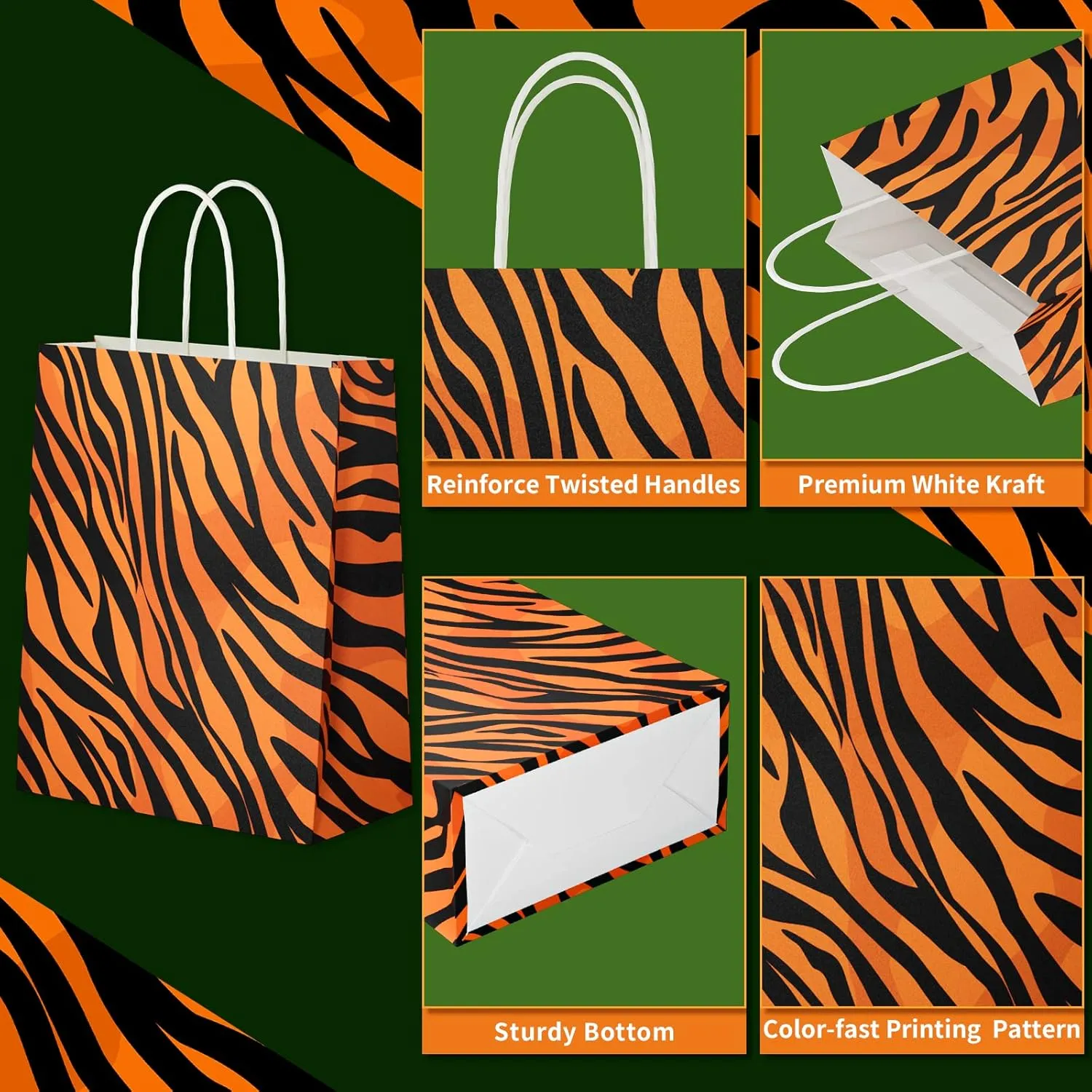 ECOHOLA Tiger Print Paper Gift Bags, 16 pieces Animal Print Medium Bags with Handles for Shopping, Groceries, Small Business, Retail, Take-Out, Merchandise, Parties, Events, 10x8x4 Inch