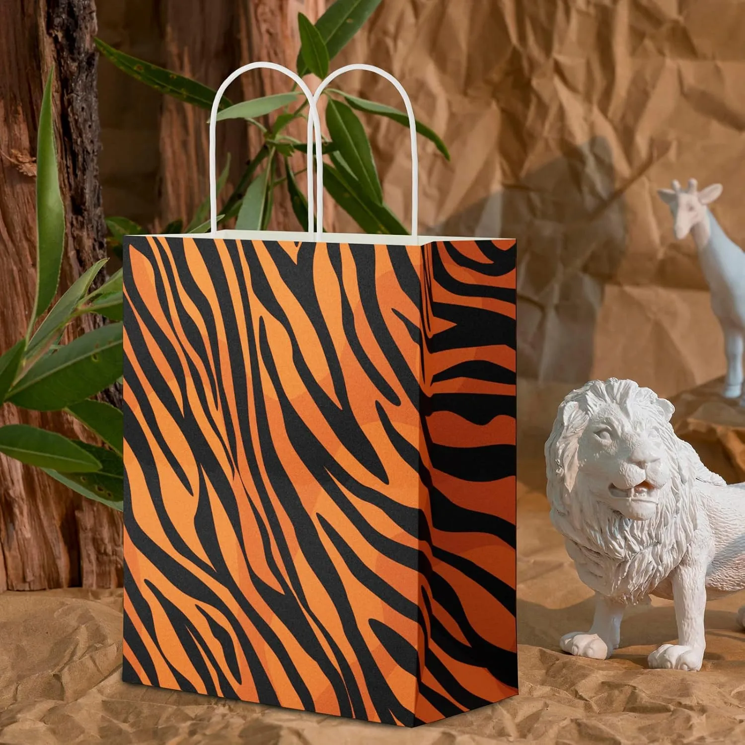 ECOHOLA Tiger Print Paper Gift Bags, 16 pieces Animal Print Medium Bags with Handles for Shopping, Groceries, Small Business, Retail, Take-Out, Merchandise, Parties, Events, 10x8x4 Inch