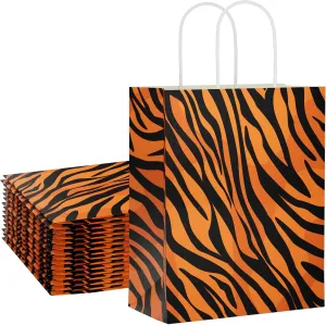 ECOHOLA Tiger Print Paper Gift Bags, 16 pieces Animal Print Medium Bags with Handles for Shopping, Groceries, Small Business, Retail, Take-Out, Merchandise, Parties, Events, 10x8x4 Inch