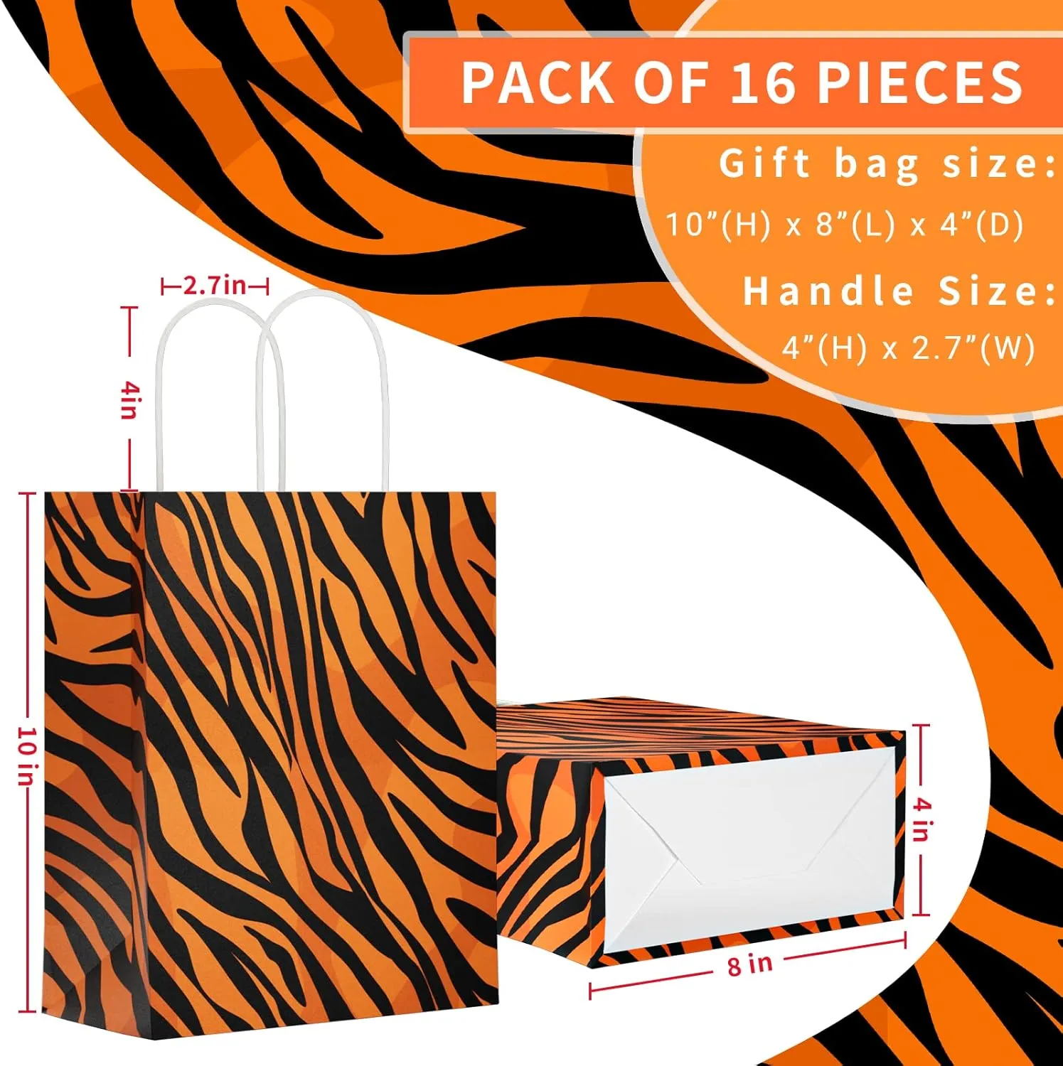 ECOHOLA Tiger Print Paper Gift Bags, 16 pieces Animal Print Medium Bags with Handles for Shopping, Groceries, Small Business, Retail, Take-Out, Merchandise, Parties, Events, 10x8x4 Inch
