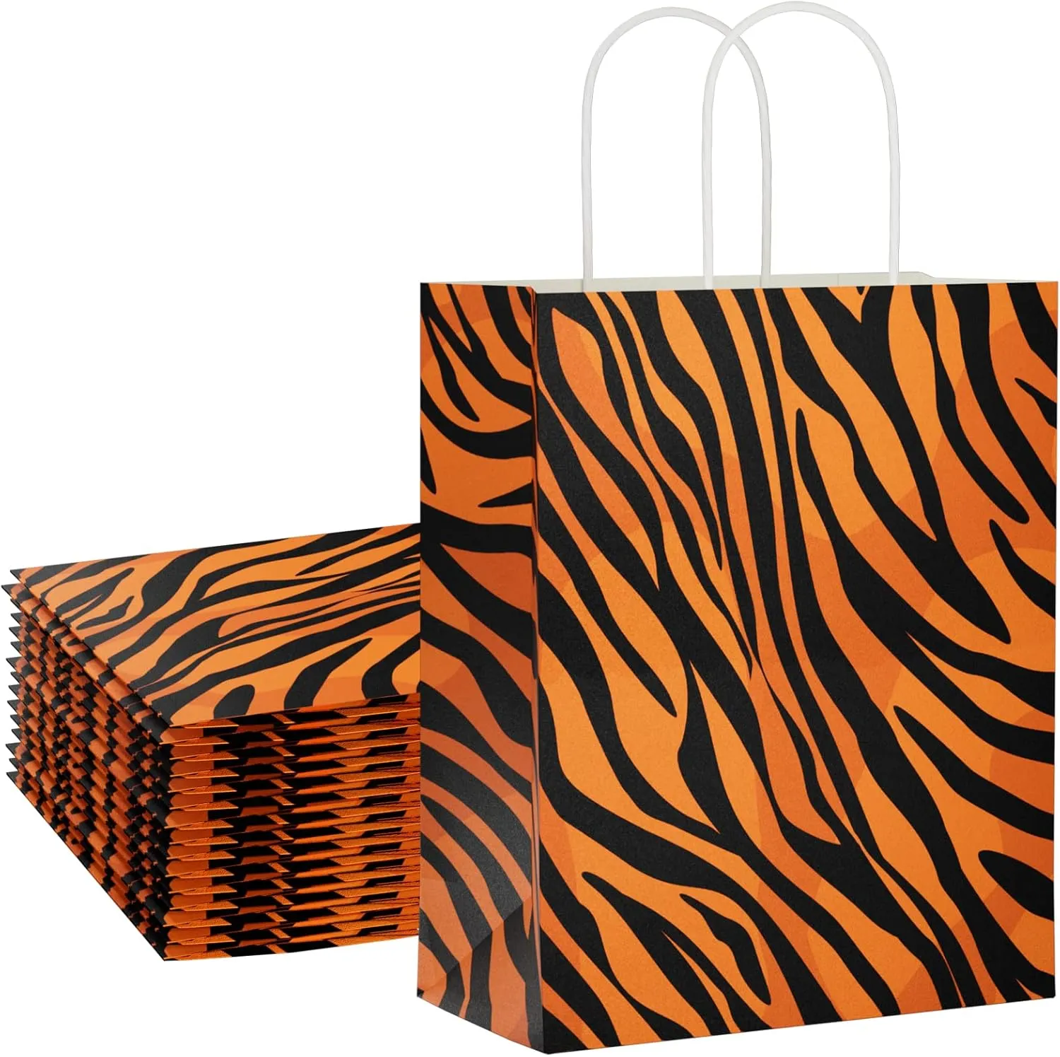 ECOHOLA Tiger Print Paper Gift Bags, 16 pieces Animal Print Medium Bags with Handles for Shopping, Groceries, Small Business, Retail, Take-Out, Merchandise, Parties, Events, 10x8x4 Inch