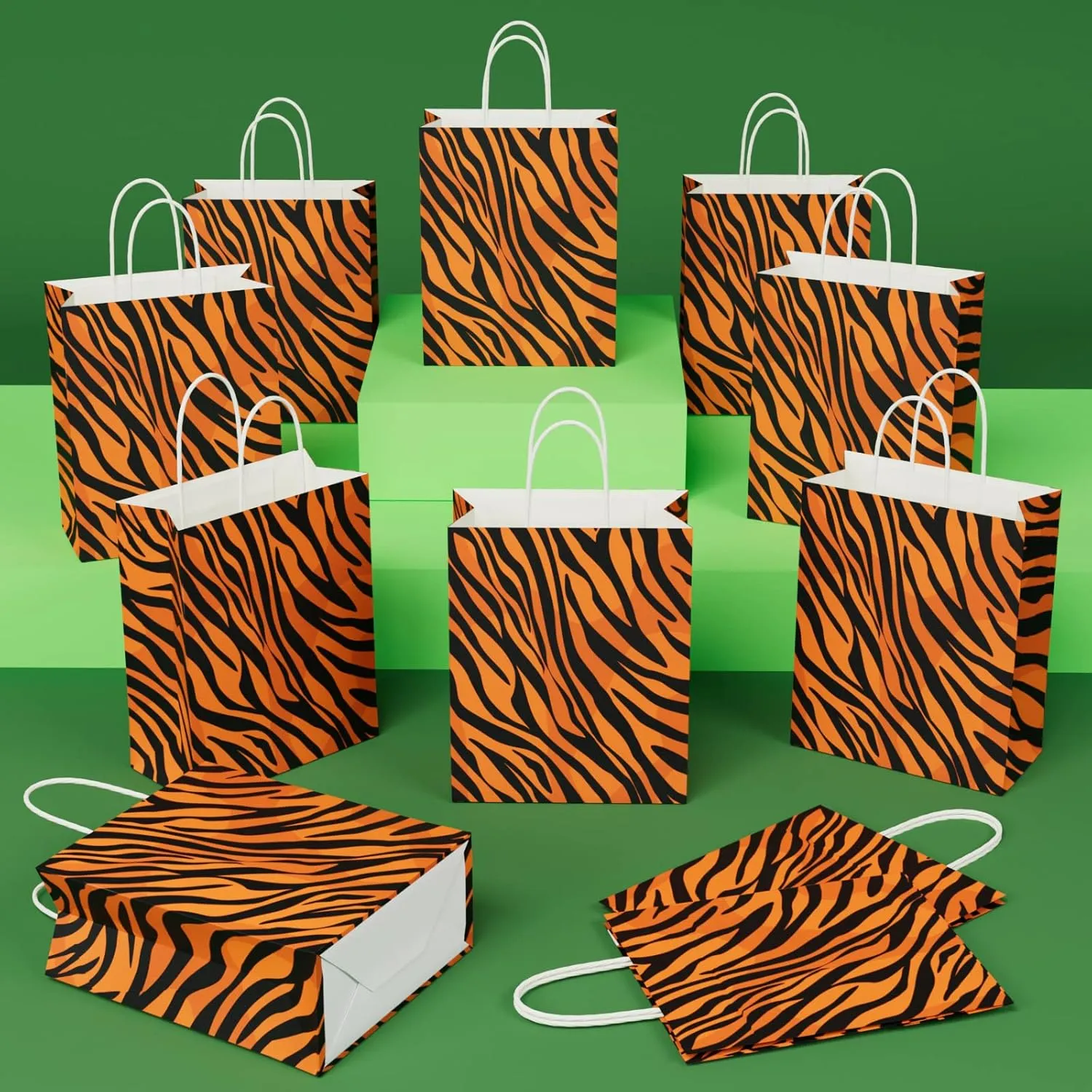 ECOHOLA Tiger Print Paper Gift Bags, 16 pieces Animal Print Medium Bags with Handles for Shopping, Groceries, Small Business, Retail, Take-Out, Merchandise, Parties, Events, 10x8x4 Inch