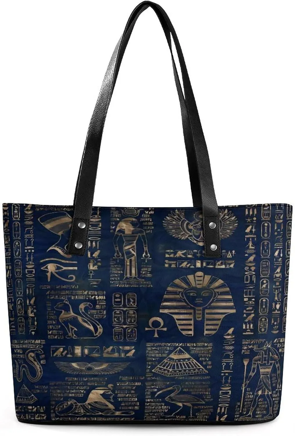 Egyptian Hieroglyphs Gold On Blue Marble Women Tote Bags Top Handle Satchel Handbags Faux Leather Tassel Shoulder Purse