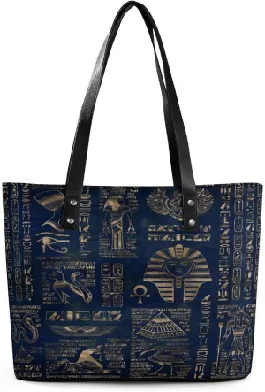 Egyptian Hieroglyphs Gold On Blue Marble Women Tote Bags Top Handle Satchel Handbags Faux Leather Tassel Shoulder Purse