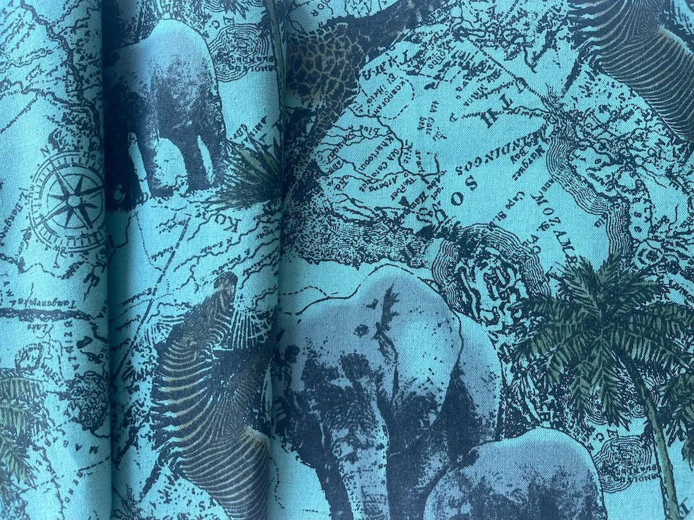 Elephants, Giraffes & Zebras on the African Veldt Cotton-Linen Blend (Made in Japan)