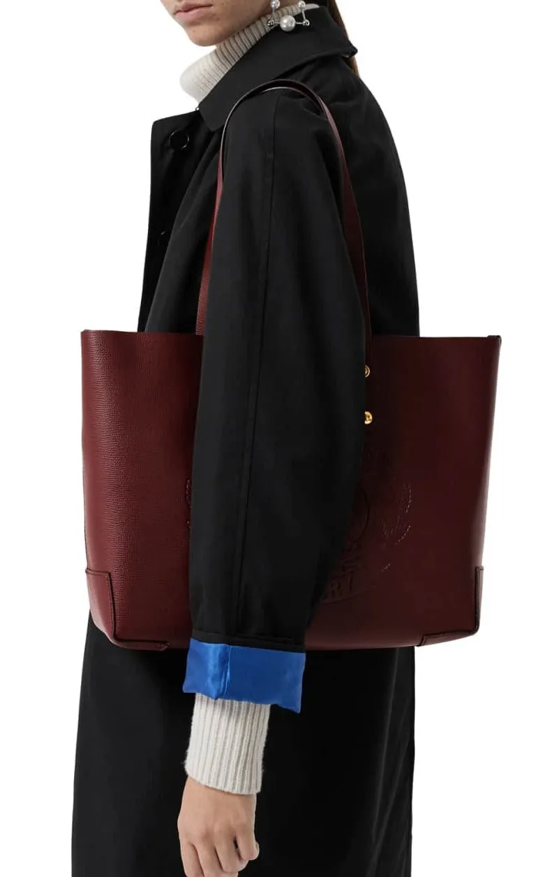 Embossed Crest Small Leather Tote, Burgundy