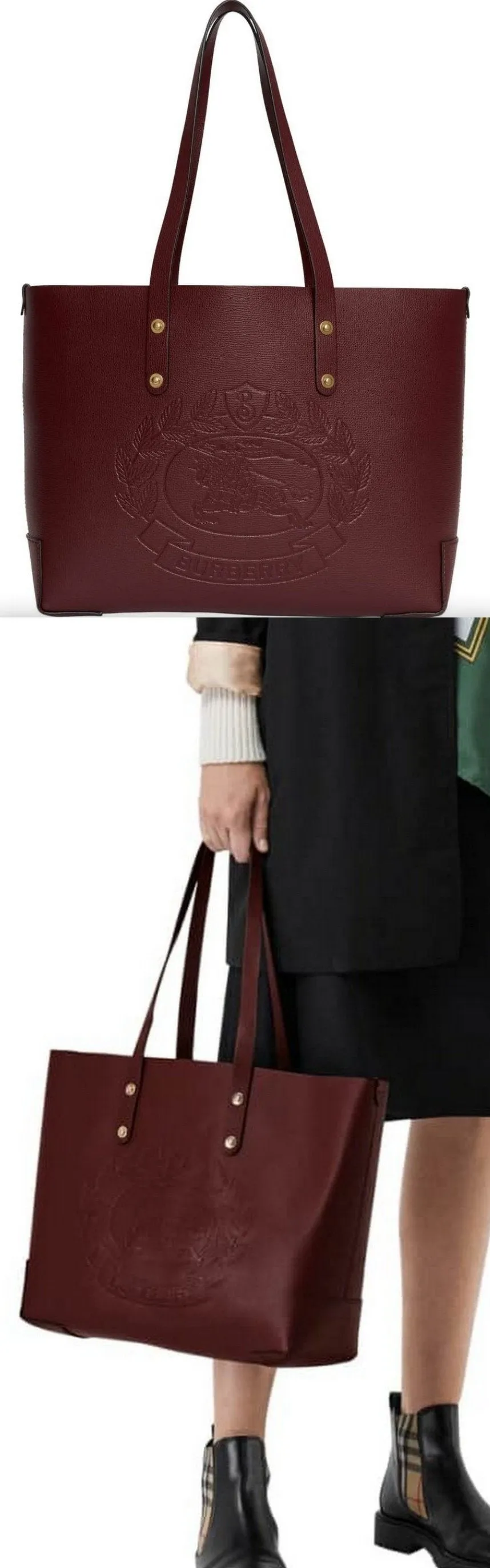 Embossed Crest Small Leather Tote, Burgundy