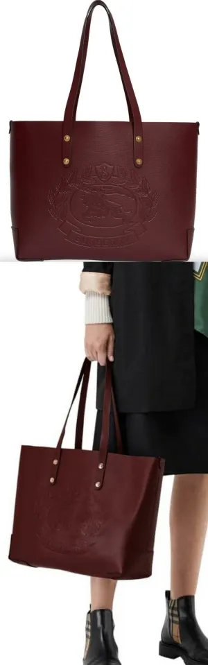 Embossed Crest Small Leather Tote, Burgundy