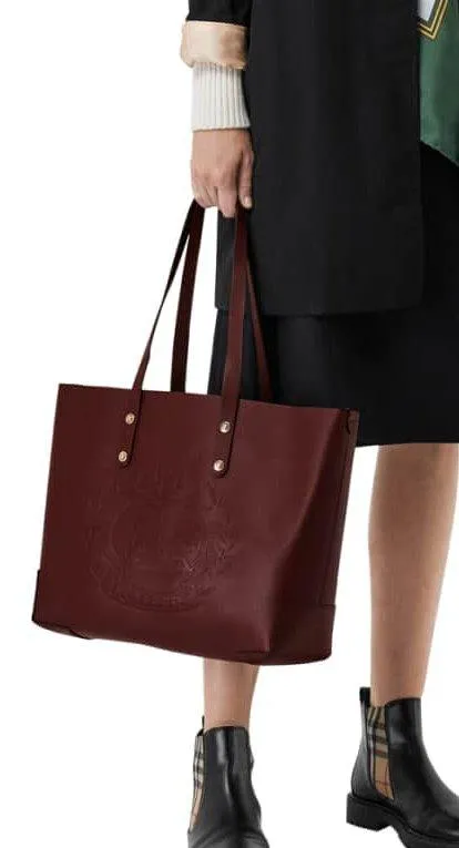 Embossed Crest Small Leather Tote, Burgundy