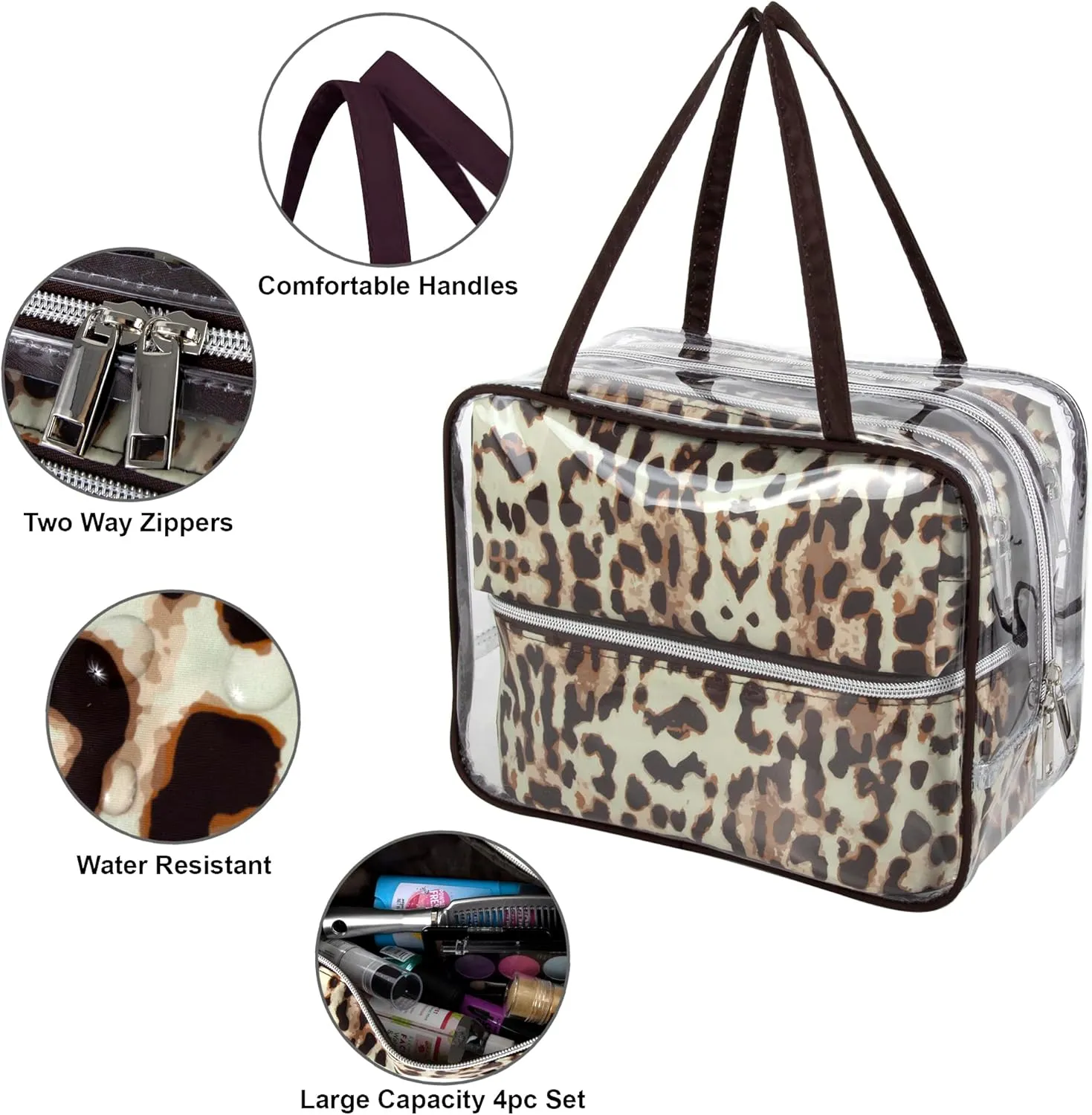 Emma & Chloe 4 Piece Toiletry Bag Set, Waterproof Home, Travel Cosmetic Train Case Makeup Bags for Women with Handle, Zipper – 4 Makeup Bags Set (Ladylike Leopard)