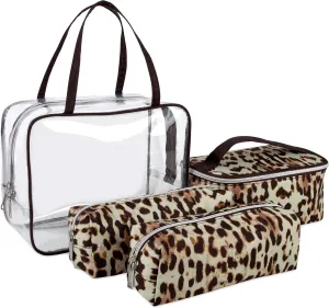 Emma & Chloe 4 Piece Toiletry Bag Set, Waterproof Home, Travel Cosmetic Train Case Makeup Bags for Women with Handle, Zipper – 4 Makeup Bags Set (Ladylike Leopard)