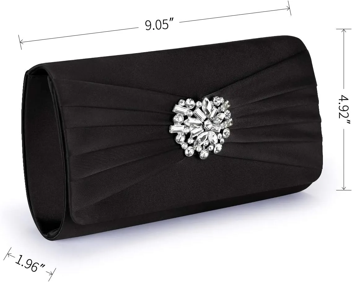Evening Bags For Women Pleated Satin Rhinestone Brooch Prom Clutch Purse With Detachable Chain Strap