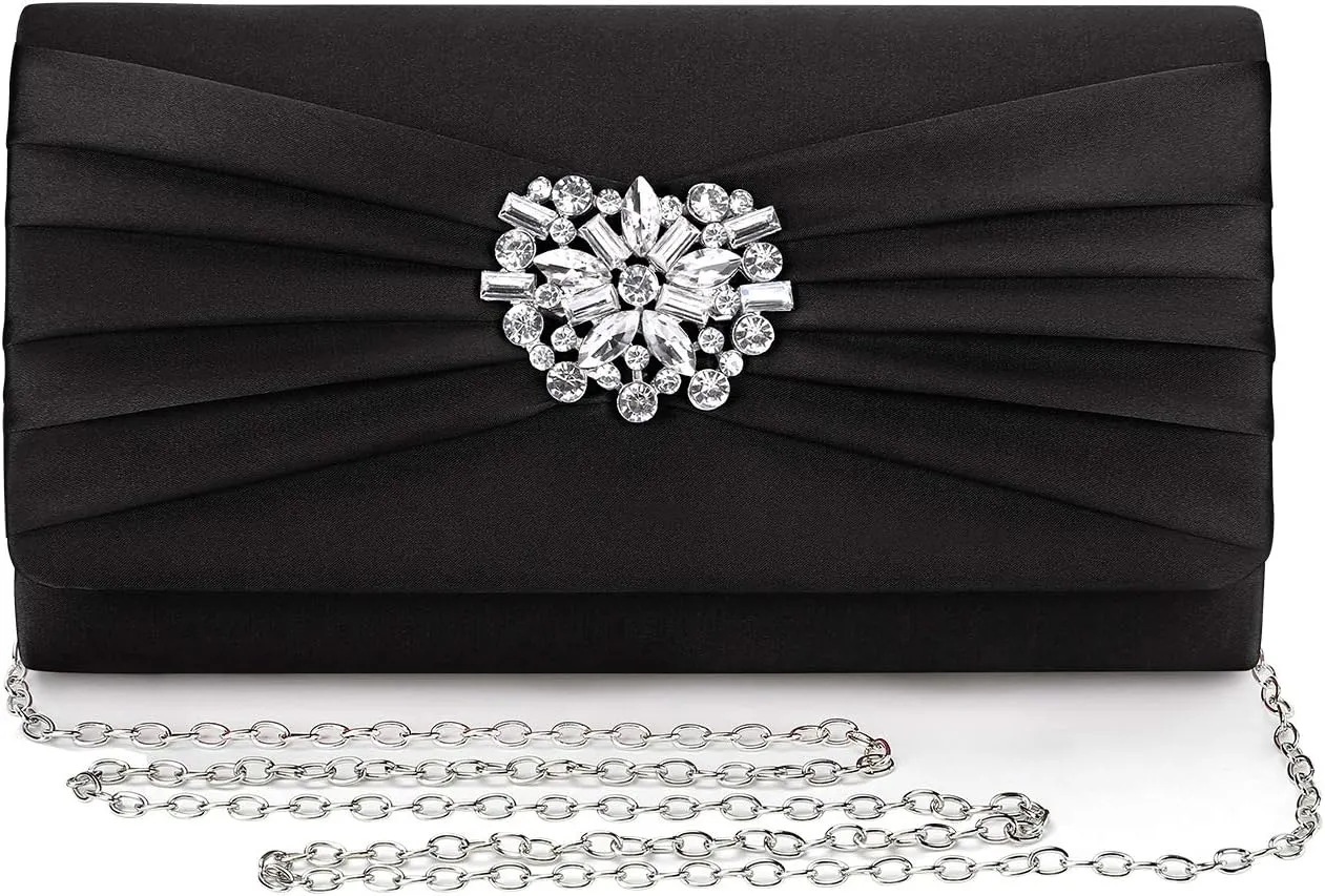 Evening Bags For Women Pleated Satin Rhinestone Brooch Prom Clutch Purse With Detachable Chain Strap