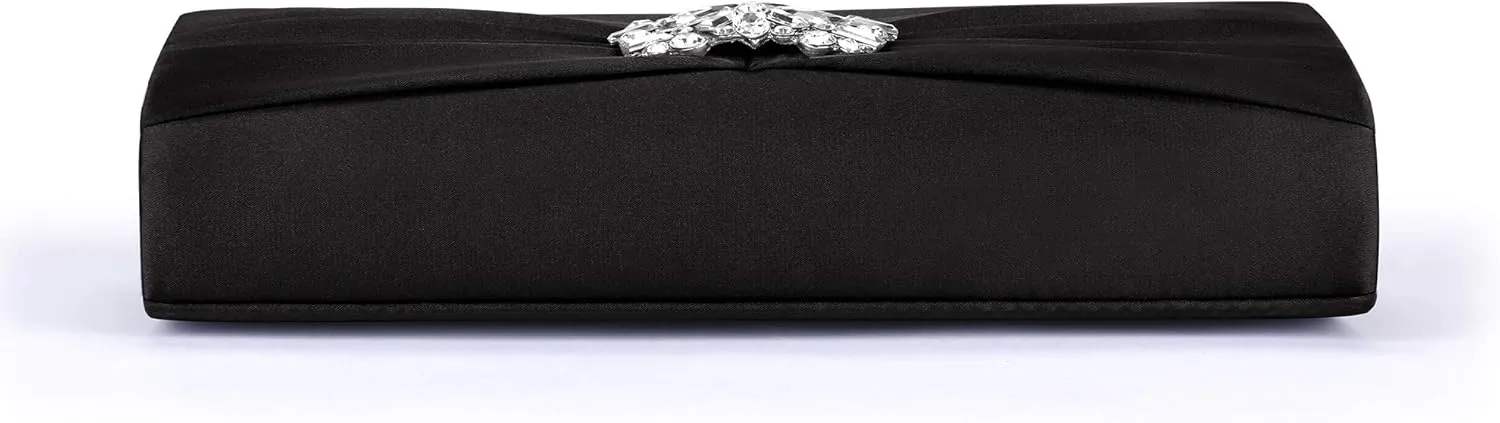 Evening Bags For Women Pleated Satin Rhinestone Brooch Prom Clutch Purse With Detachable Chain Strap