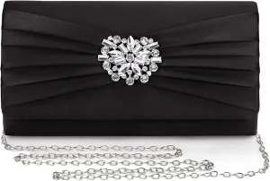 Evening Bags For Women Pleated Satin Rhinestone Brooch Prom Clutch Purse With Detachable Chain Strap