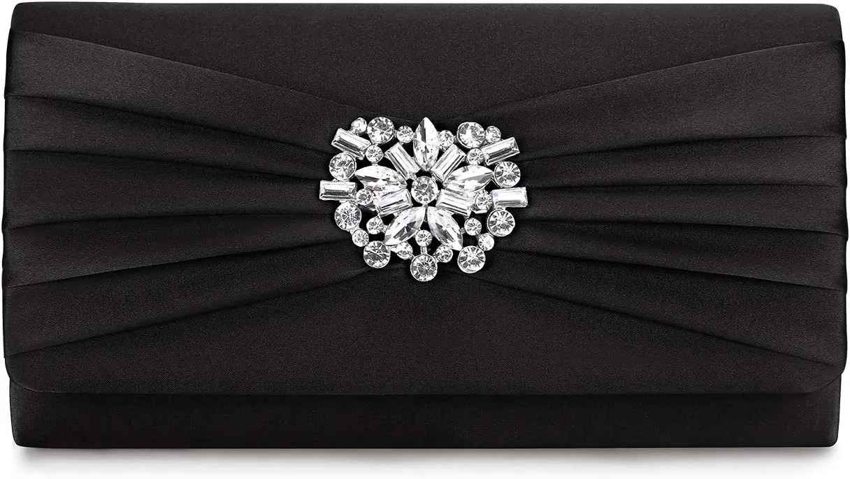 Evening Bags For Women Pleated Satin Rhinestone Brooch Prom Clutch Purse With Detachable Chain Strap