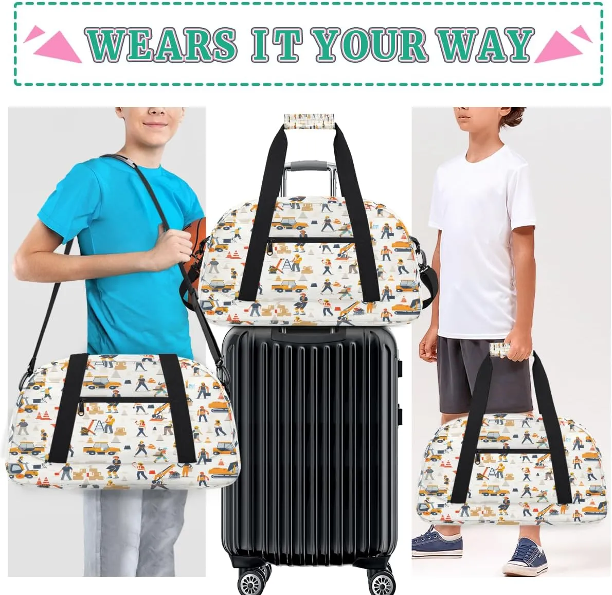Excavator Graffiti Kids Overnighter Duffel Bags for Boys, Carry-On Size Sports Gym Bag with Front Zipper Pocket for School Practice or Overnight Travel Weekender Sleepover Tote Bag