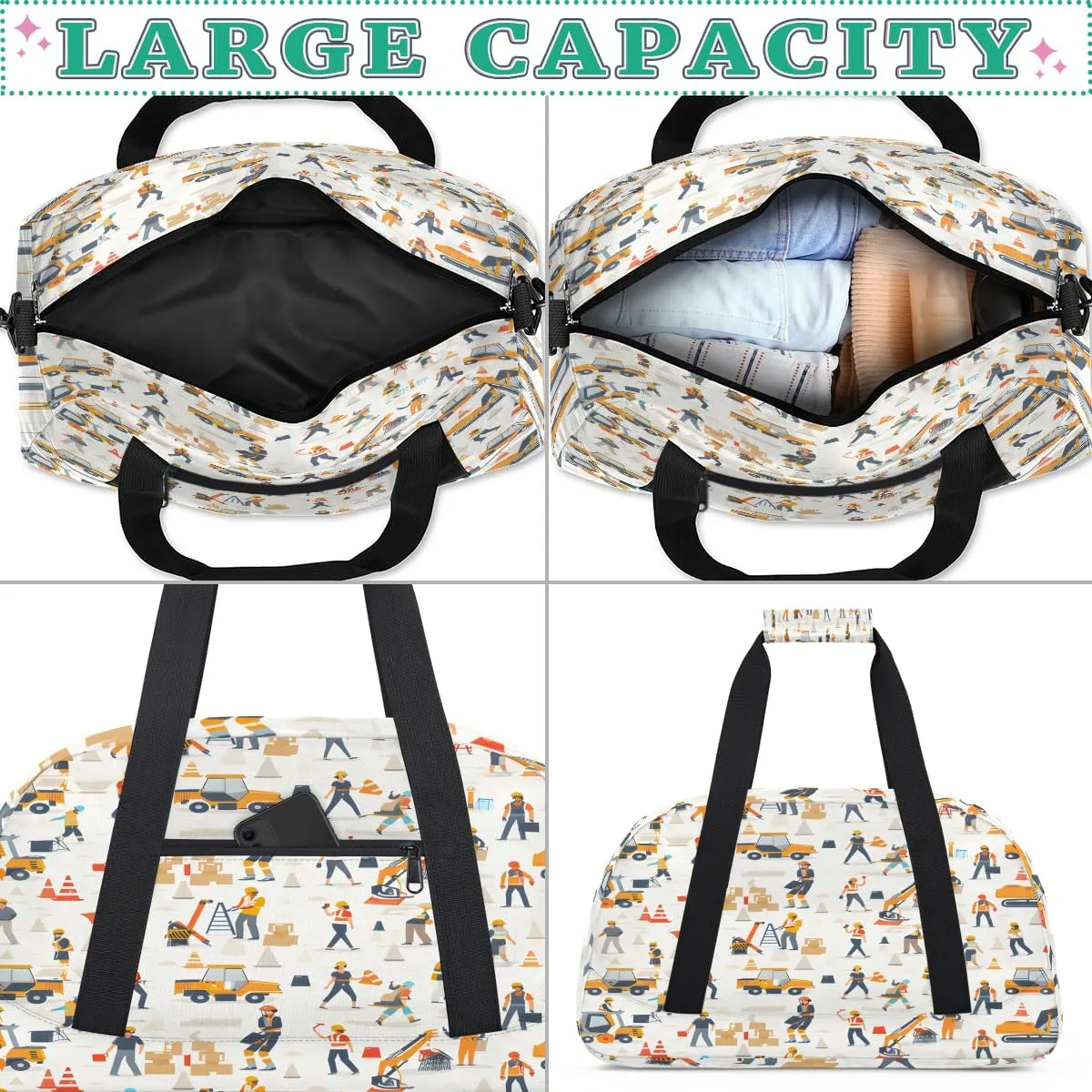 Excavator Graffiti Kids Overnighter Duffel Bags for Boys, Carry-On Size Sports Gym Bag with Front Zipper Pocket for School Practice or Overnight Travel Weekender Sleepover Tote Bag
