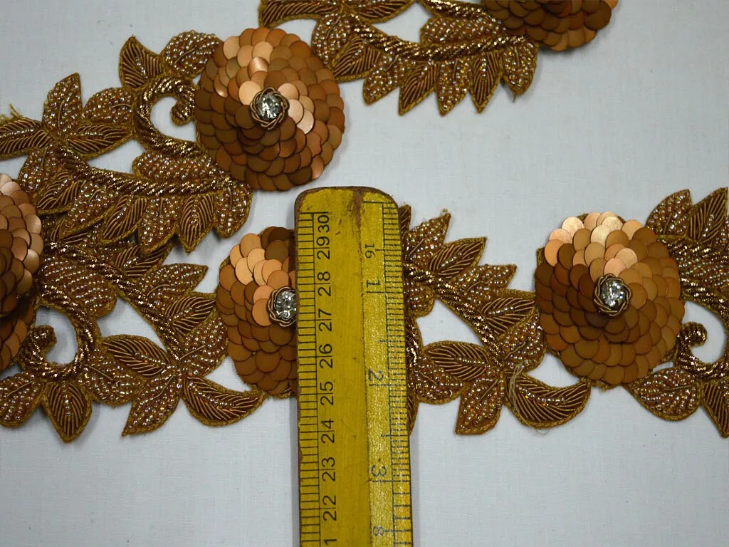 Exclusive Gold Trim By The Yard, Handmade Embroidered Floral Indian Beaded Lace Wedding Dress Tape Bridal Belt Sashes Decor Crafting Border