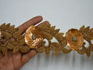 Exclusive Gold Trim By The Yard, Handmade Embroidered Floral Indian Beaded Lace Wedding Dress Tape Bridal Belt Sashes Decor Crafting Border