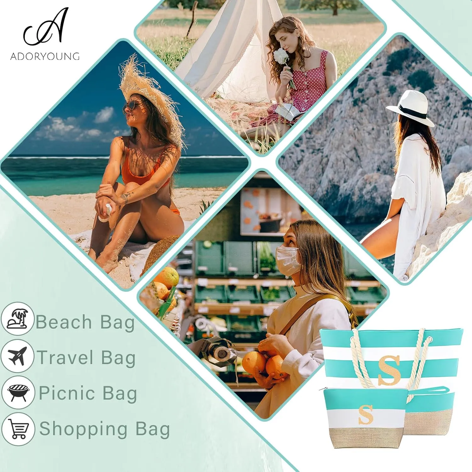 Extra Pool Beach Monogrammed Tote Bag with Zipper, Initial Birthday Travel Christmas Personalized Gifts for Women