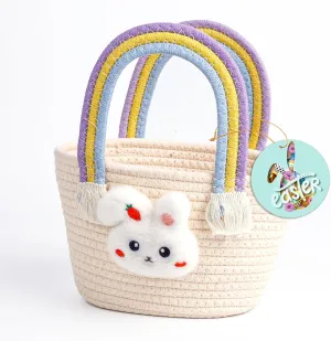 Exun Easter Bunny Basket for Kids, Cute Cotton Tote Bag Hand-Woven Handbag with Rainbow Handles, Easter Egg Hunt Basket Bags for Boys, Girls, Toddler, Babies, Easter gift basket Personalized (Beige)