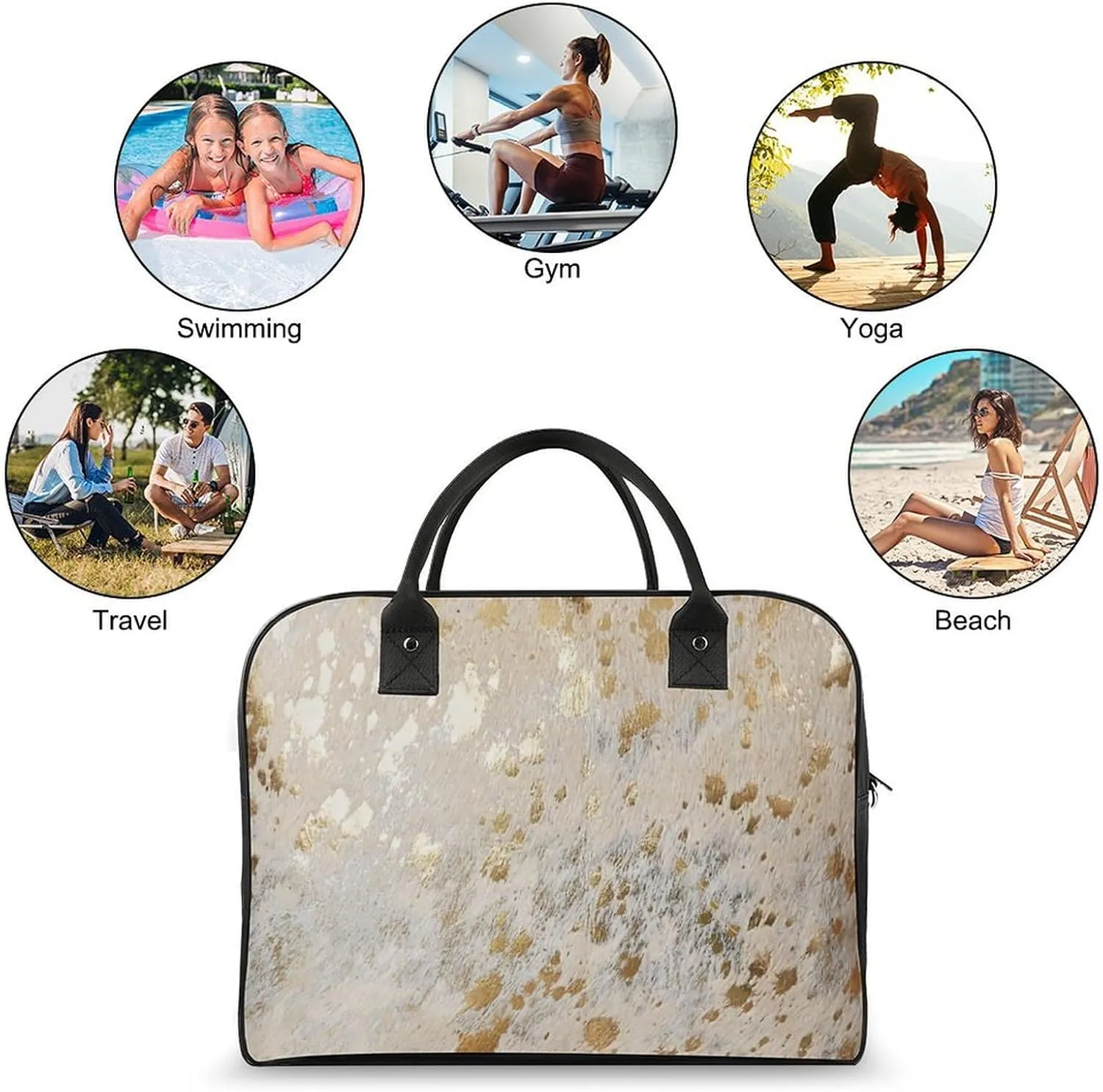 Faux Gold Paint Splatter on Black & White Stripes Travel Handbag with A Large Capacity Design That Can Be Reused