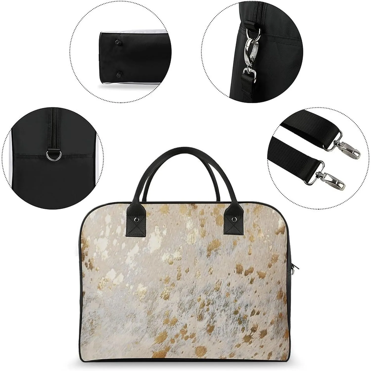 Faux Gold Paint Splatter on Black & White Stripes Travel Handbag with A Large Capacity Design That Can Be Reused