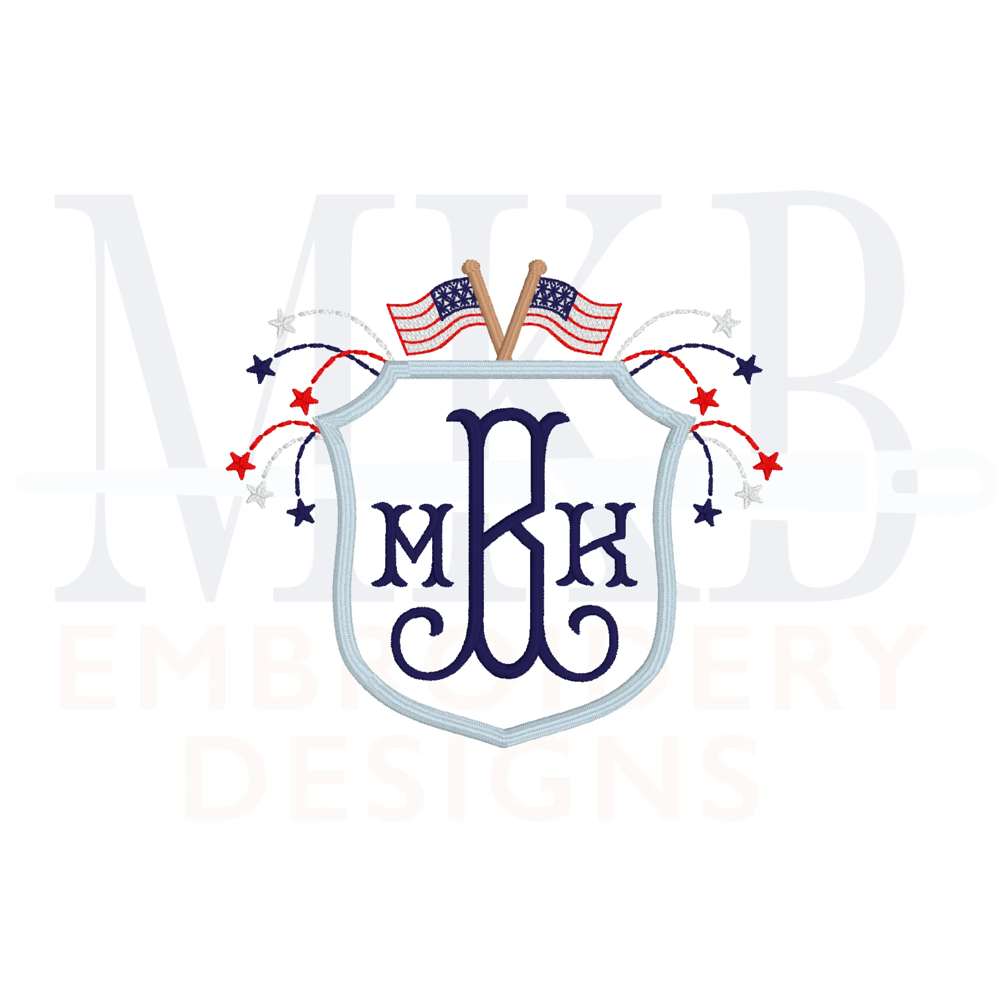 Fireworks American Flag Crest Machine Embroidery Design, Satin Stitch