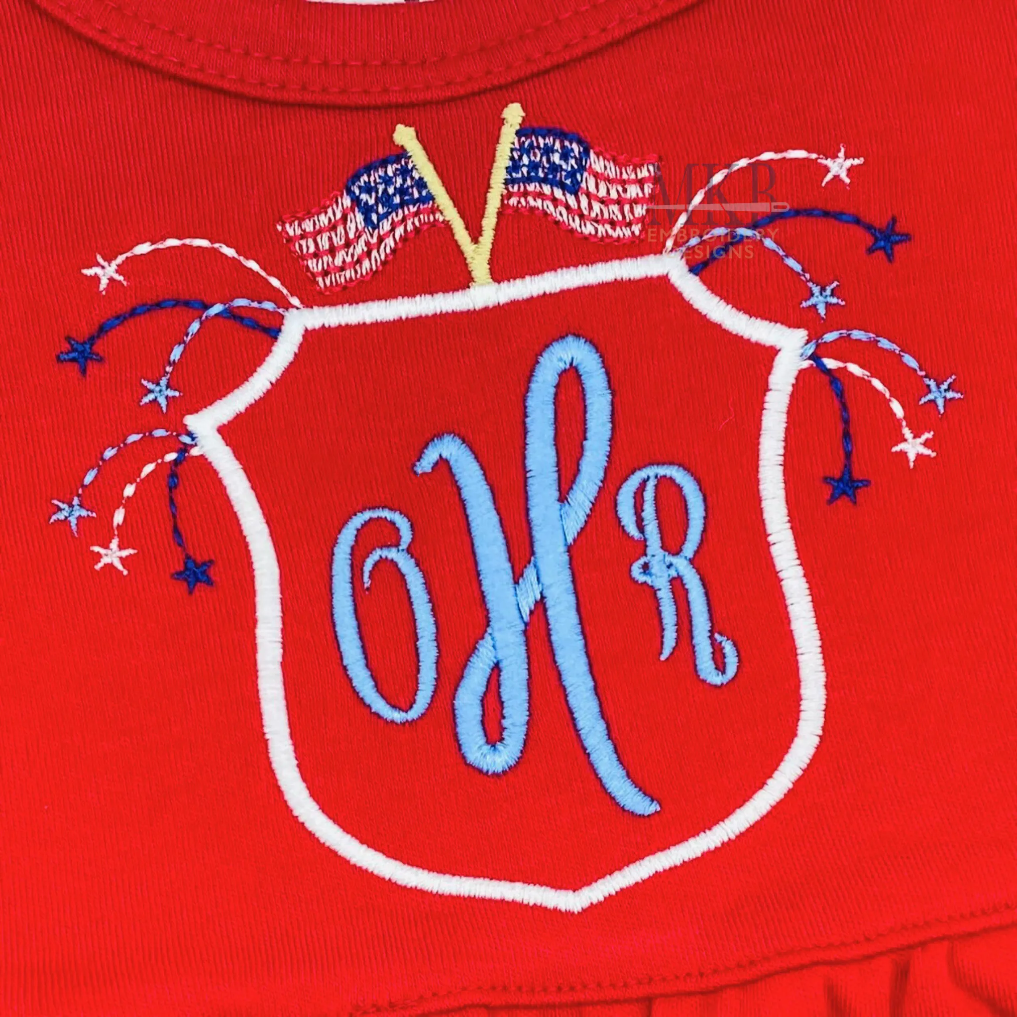 Fireworks American Flag Crest Machine Embroidery Design, Satin Stitch