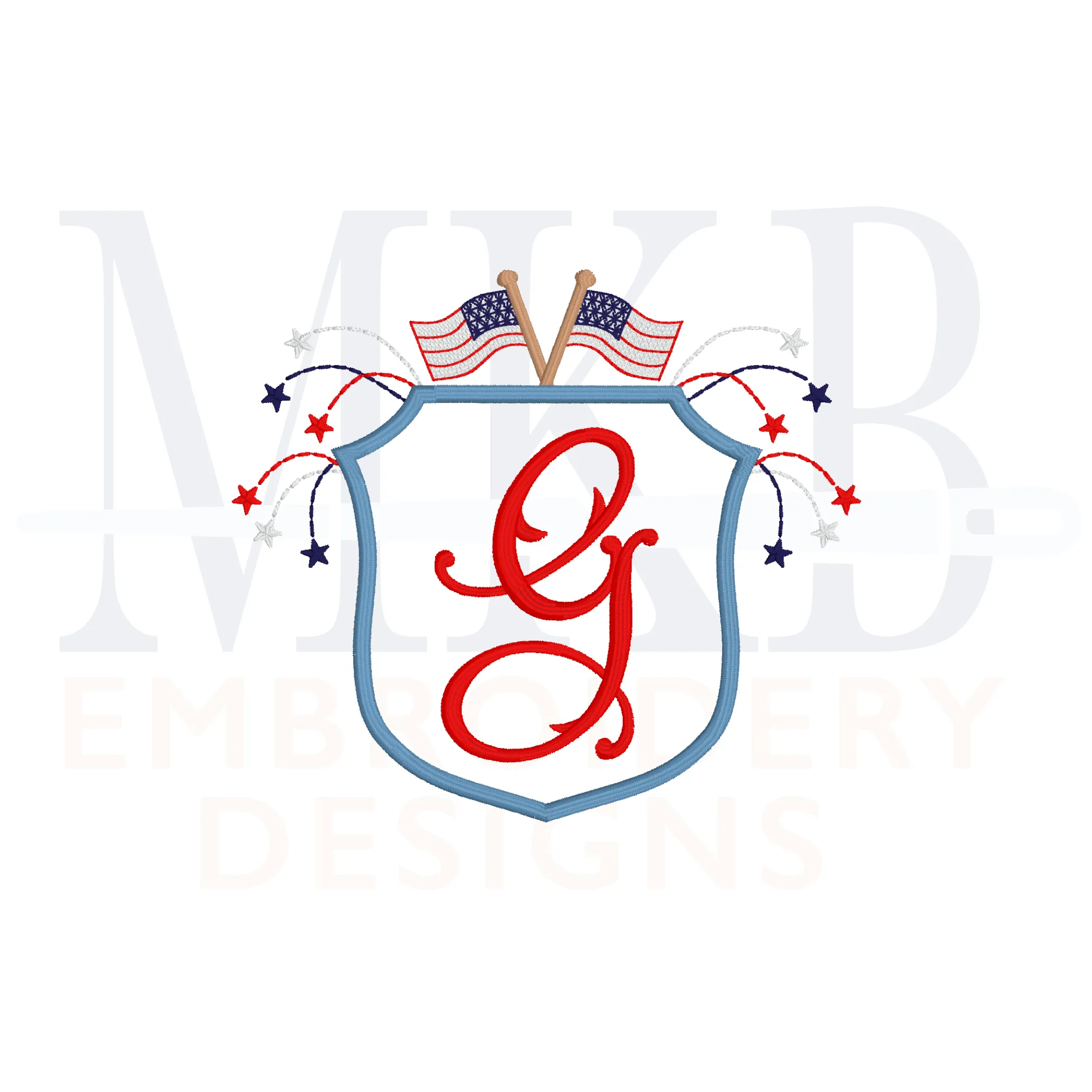 Fireworks American Flag Crest Machine Embroidery Design, Satin Stitch