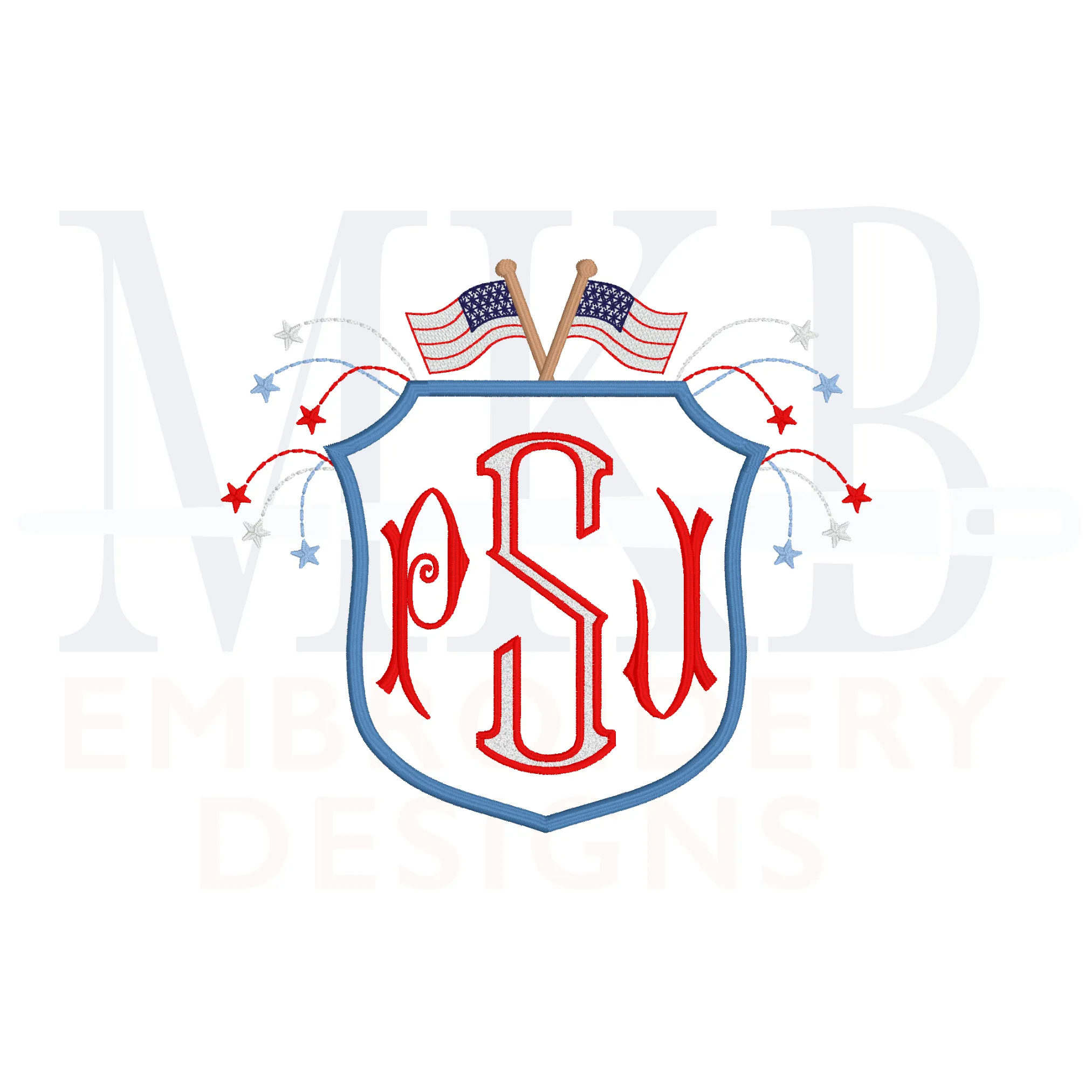 Fireworks American Flag Crest Machine Embroidery Design, Satin Stitch