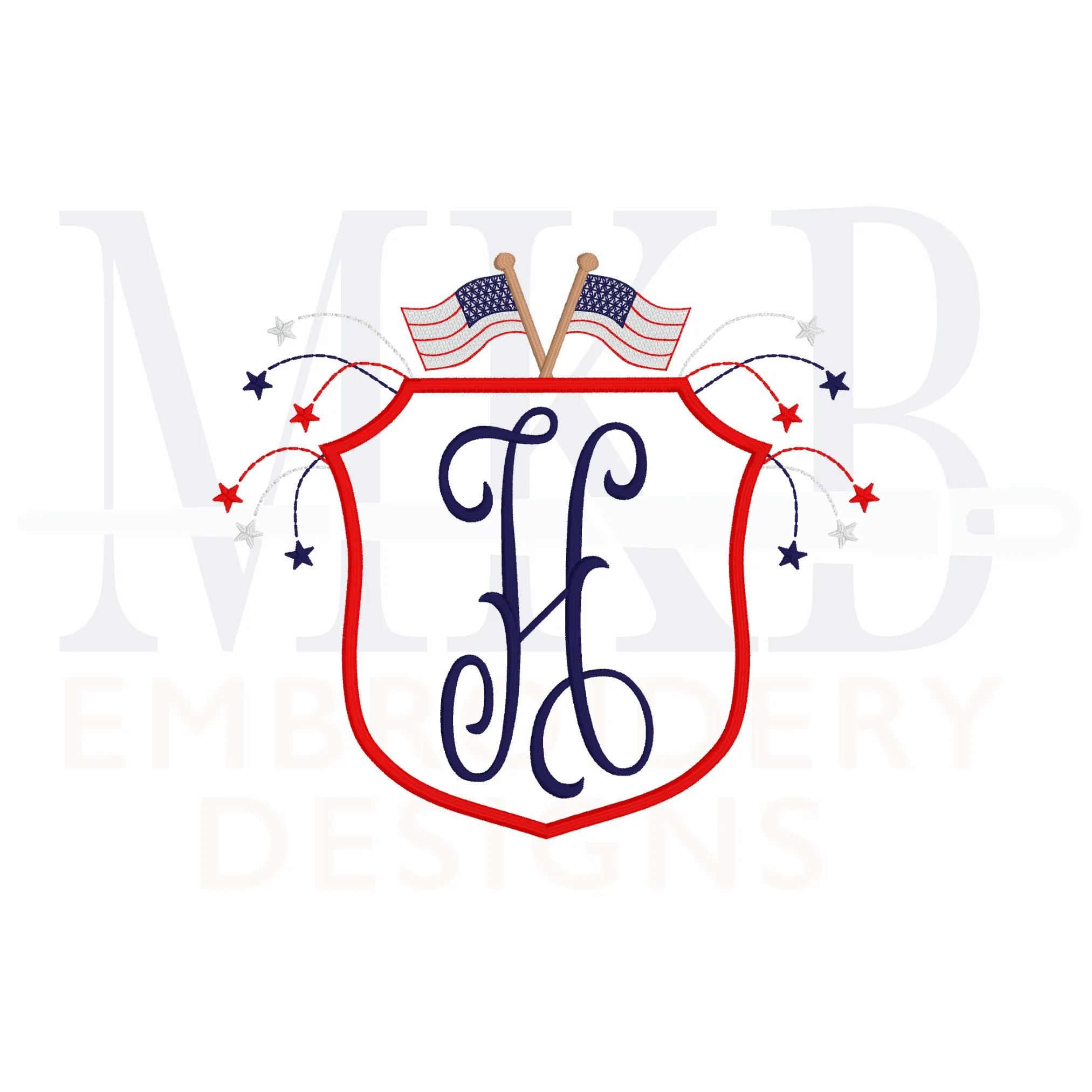 Fireworks American Flag Crest Machine Embroidery Design, Satin Stitch
