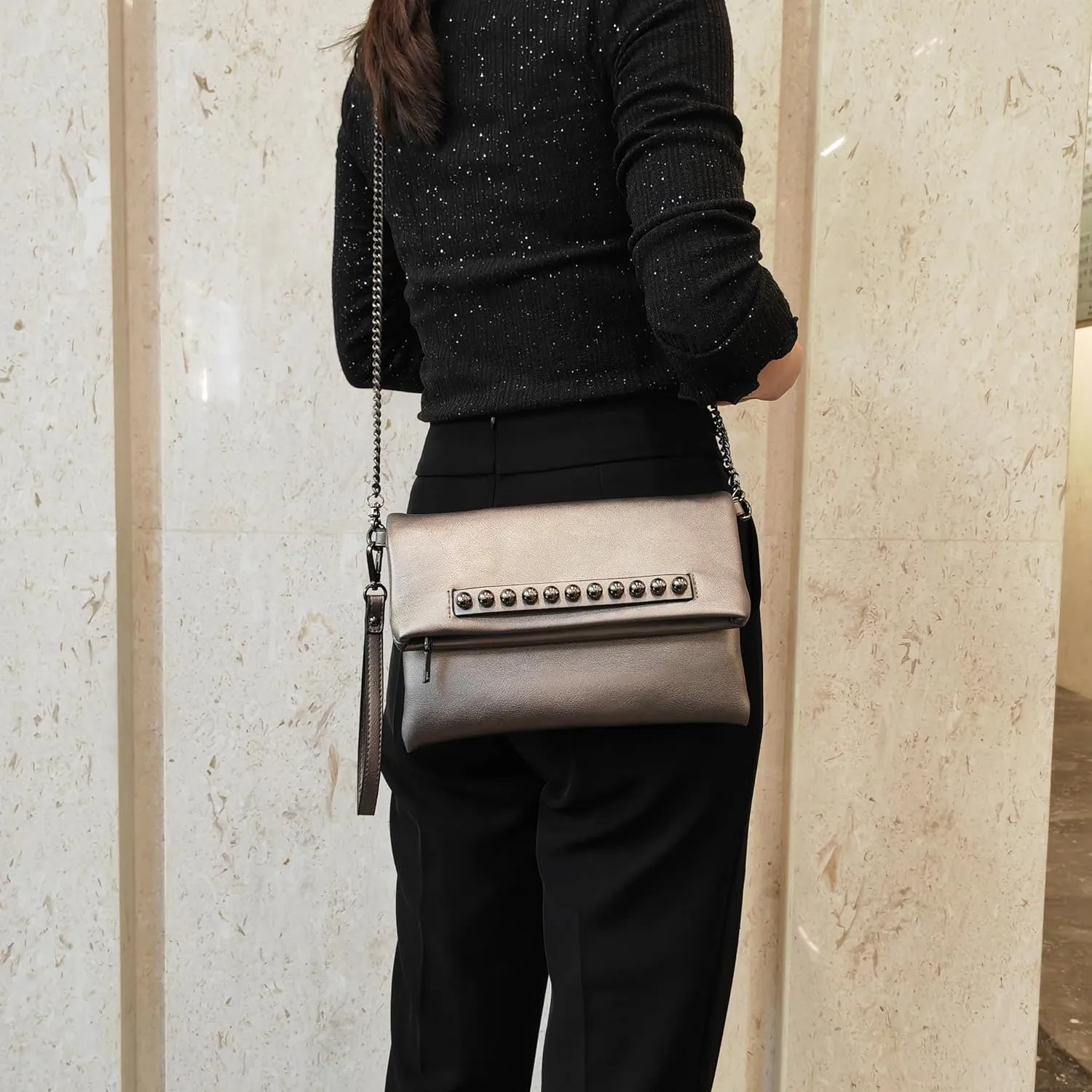 Fold-Over Women Clutch Purse Beaded PU Leather Chain Crossbody Bag Female Envelope Evening Bags (Black)