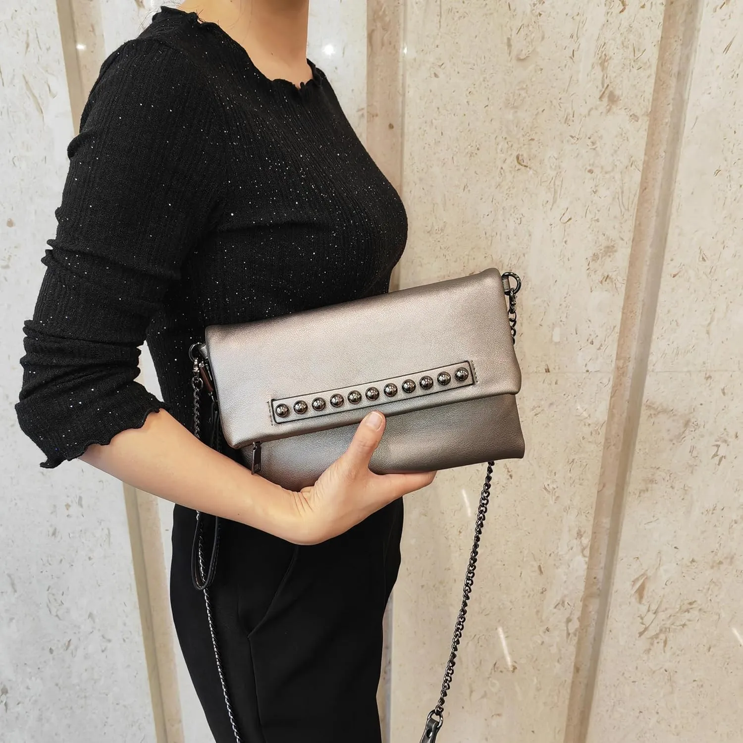Fold-Over Women Clutch Purse Beaded PU Leather Chain Crossbody Bag Female Envelope Evening Bags (Black)