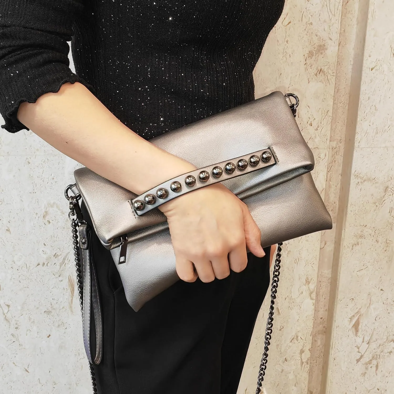 Fold-Over Women Clutch Purse Beaded PU Leather Chain Crossbody Bag Female Envelope Evening Bags (Black)