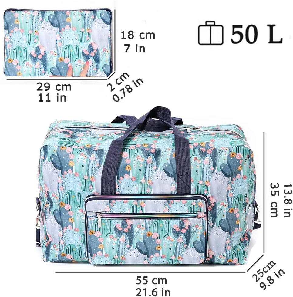 Foldable Travel Duffle Bag for Women Girls Large Cute Floral Weekender Overnight Carry On Bag for Kids Checked Luggage Bag (Z-Cactus)