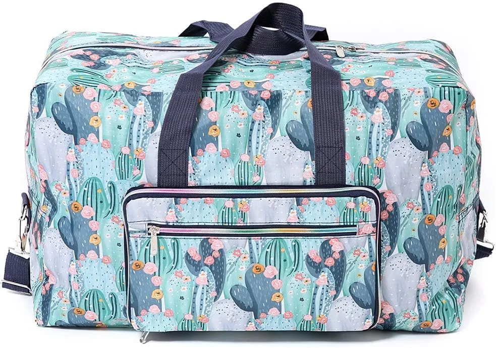 Foldable Travel Duffle Bag for Women Girls Large Cute Floral Weekender Overnight Carry On Bag for Kids Checked Luggage Bag (Z-Cactus)